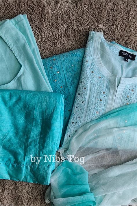 Buy Ombre Sea Green Chikankari Kurta Set with Dupatta online - Nibs Tog