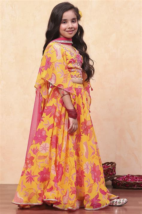 Buy Yellow Poly Georgette Floral Printed Flared Lehenga Set Online at ...