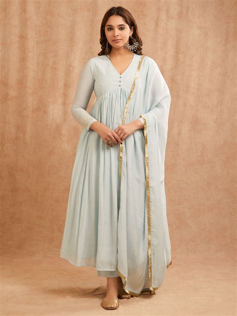 Sky Blue Chanderi Mul Suit- Set of 3