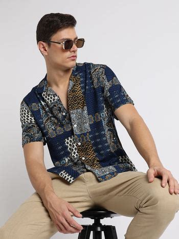 Men's Cuban Collar Regular Fit Print Navy Casual Shirts – DENNIS LINGO