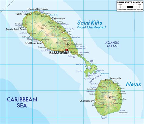 Physical Map of Saint Kitts and Nevis - Ezilon Maps