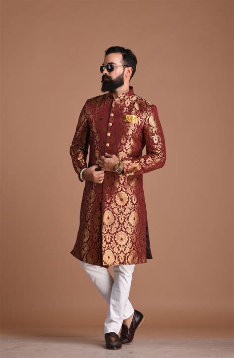 Golden Floral Work Brocade Silk Maroon Sherwani Achkan for Men – Rajanyas
