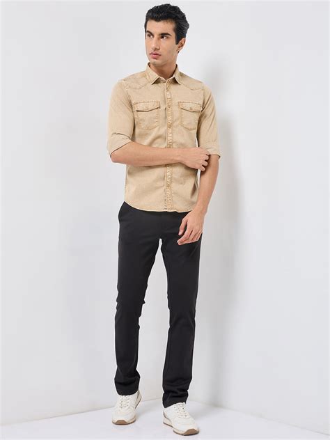 Short sleeves Slim Fit Khaki Heavy Washed Double Pocket Solid Shirt ...