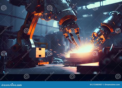 Robotic arms work on a car in a factory, an example of industrial AI