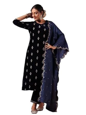Buy ishin Women's Velvet Embroidered Navy Blue Straight Kurta Suit Set ...