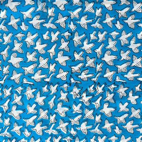 Pure Cotton Jaipuri Blue With White Birds Motif Hand Block Print Fabri ...