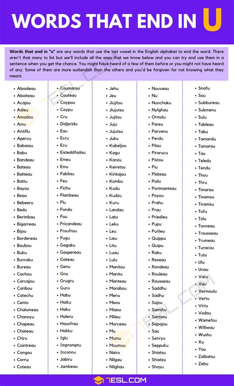 Words That End in U (200+ English Words) • 7ESL