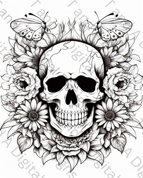 Skull and Flowers Coloring Page Instant Download, Relaxing Art ...