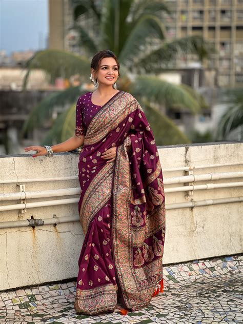 Buy WINE BANARASI SILK BLEND SAREE online-Nitaraa