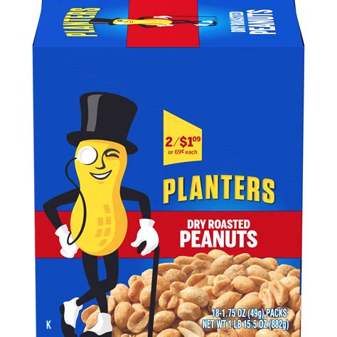 Planters Dry Roasted Peanuts, 18 ct Box, 1.75 oz Packs - Walmart.com