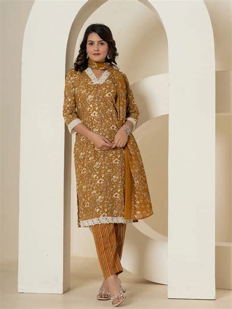Cotton Mustard Floral Print Cotton Straight Kurta Dupatta Pant Set ...