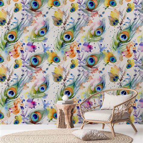 Watercolor Style Peacock Feathers Pattern Wallpaper Roll - Magicdecor®