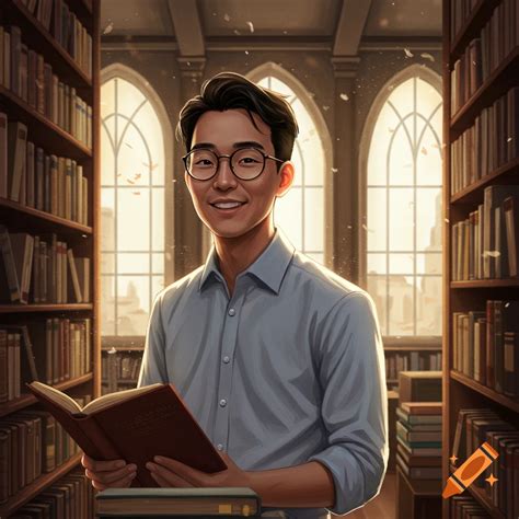 A man with glasses reads a book in a sunlit library. on Craiyon