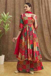 Buy Multi Color Silk, Chiffon, Cotton Round Bandhej Patterned Anarkali ...