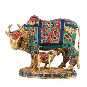 CraftVatika Brass Kamdhenu Cow and Calf Showpiece - Height 6.5 inches ...