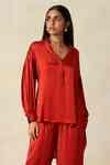 Buy Red Modal, Satin Collared High Low Tunic And Pant Set For Women by ...