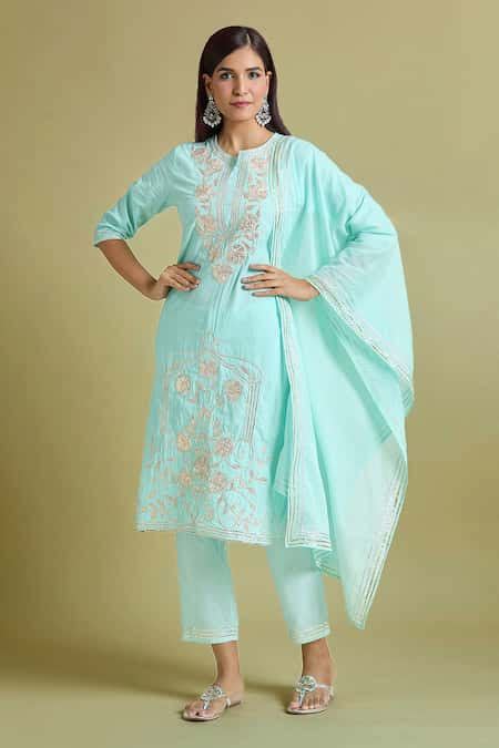 Buy Blue Cotton Embroidery, Gota Patti Split V-neck Kurta Pant Set For ...