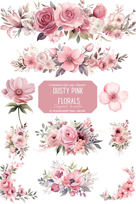 Dusty Pink Floral Clipart in 2025 | Flower clipart, Watercolor flowers ...