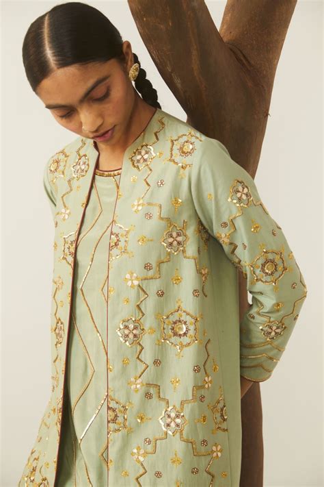 Buy - Sea green bareeki jacket set | Elan Store