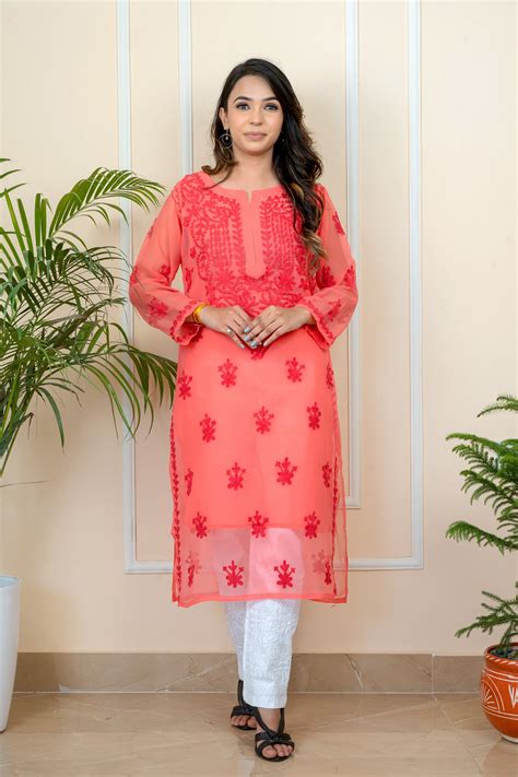 Lucknowi Chikankari & Kashmiri Aari Work Gala Booti ( PEACH ) Kurti ...
