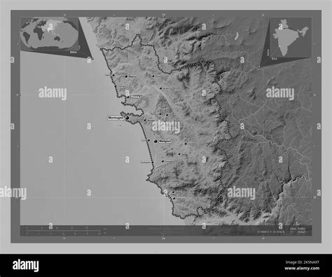 Goa, state of India. Grayscale elevation map with lakes and rivers ...