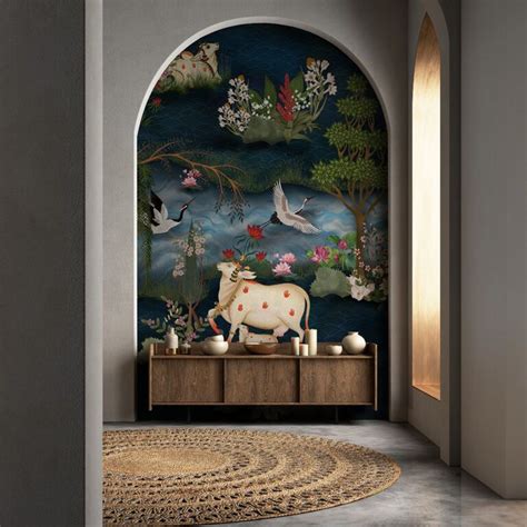 Kamdhenu Sacred Cow Pichwai Wallpaper, Customized - Magicdecor®