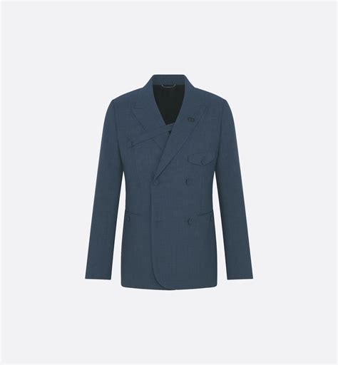 Double-Breasted Jacket with Buttoned Strap Blue Checkered Virgin Wool-Blend Seersucker | DIOR