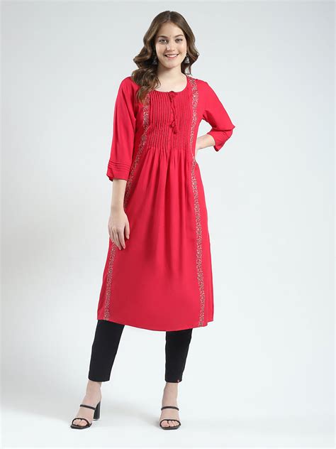 Buy Women Magenta Embroidered Round Neck 3/4th Sleeve Kurti Online in ...