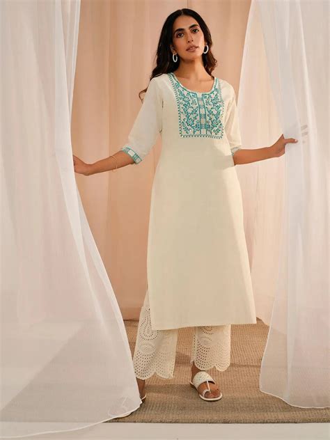Buy Off White Yoke Design Cotton Straight Kurta Online at Rs.730 | Libas
