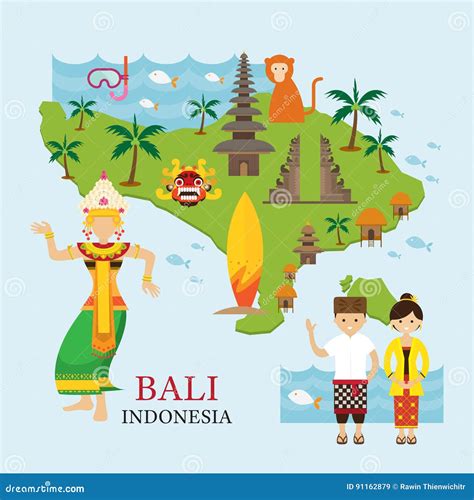 Bali, Indonesia Map with Travel and Attraction Stock Vector - Illustration of palm, journey ...