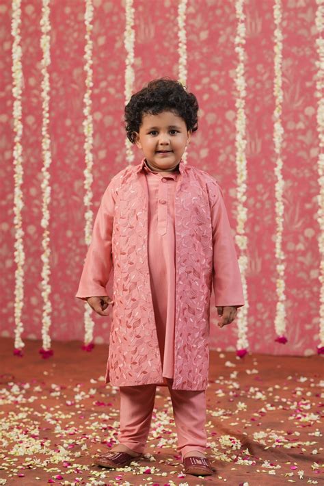 Boy Self Embroidered Bundi Set-Peach –Cute Couture