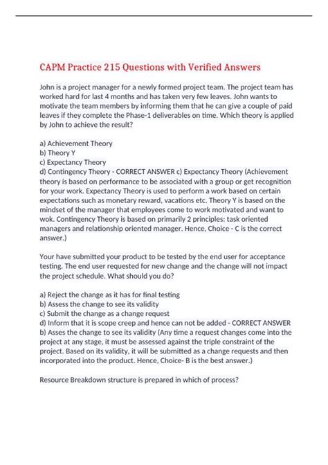 CAPM Practice 215 Questions with Verified Answers,100% CORRECT - CAPM ...