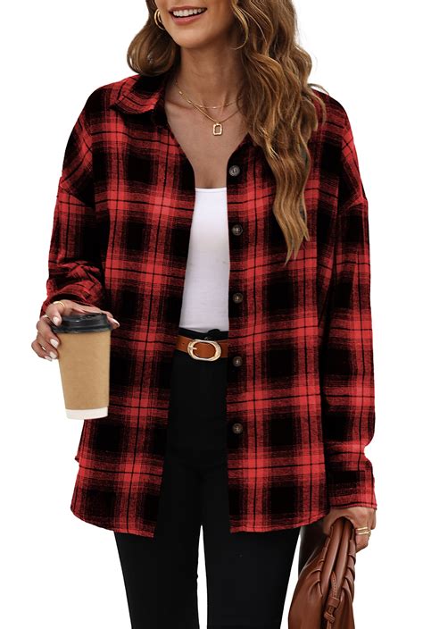Fantaslook Plaid Flannel Shirts for Women Oversized Long Sleeve Button ...