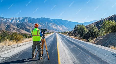 A surveyor on a newly constructed road stands ready to capture ...