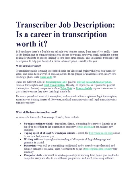 Image result for Transcriber Job Description