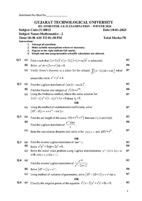 Mathematics 2 Exam Paper - GTU Winter 2024 (Subject Code: 3110015 ...