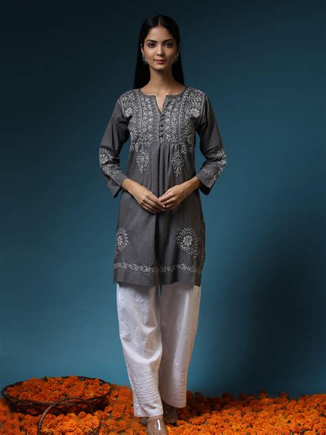 House Of Kari(Chikankari Clothing) - HOK chikankari Tunic for Women -Grey