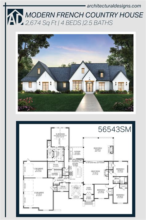 Plan 56543SM: 4-Bedroom Modern French Country House Plan with Private ...