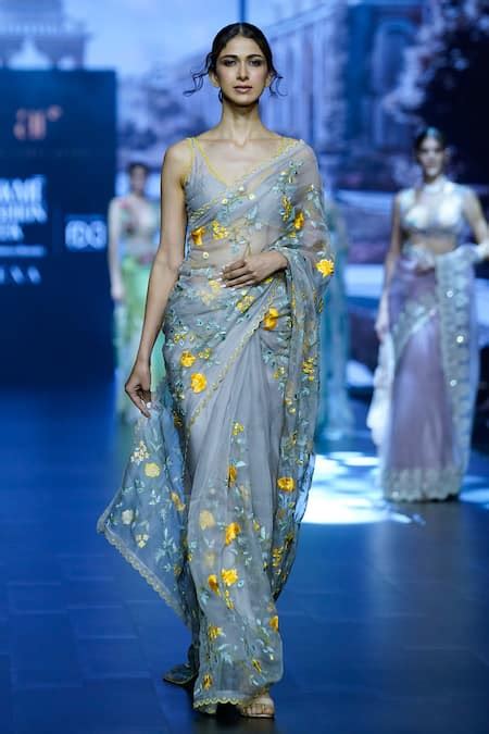 Buy Grey Organza Embroidery Daalya Thread Saree With Unstitched Blouse ...