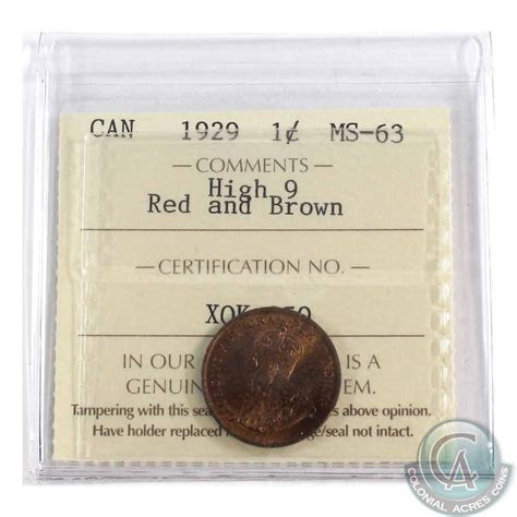 1-cent 1929 High 9 ICCS Certified MS-63 Red/Brown