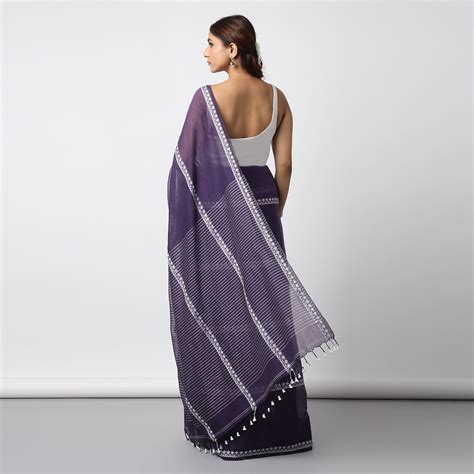 Dark Purple Handwoven Pure Mulmul Cotton Saree Online – Moora