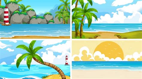 Set of tropical ocean nature scenes with beaches | Free Vector