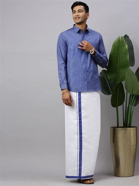Ramraj Men Evolution Blue Matching Border Dhoti & Full Sleeves Shirt Set