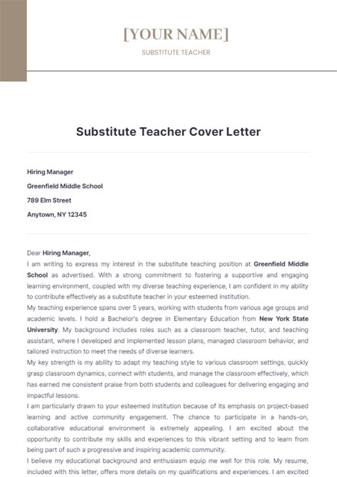 Substitute Teacher Cover Letter Sample Substitute Teacher Cover Letter
