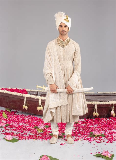 Beige Embroidered Georgette Sherwani Set - Kalpraag- Fabilicious Fashion