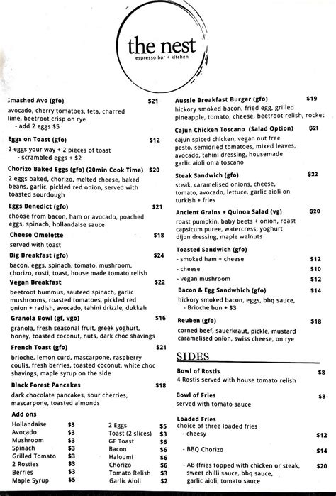 Menu at The Nest Espresso Bar + Kitchen, Thebarton