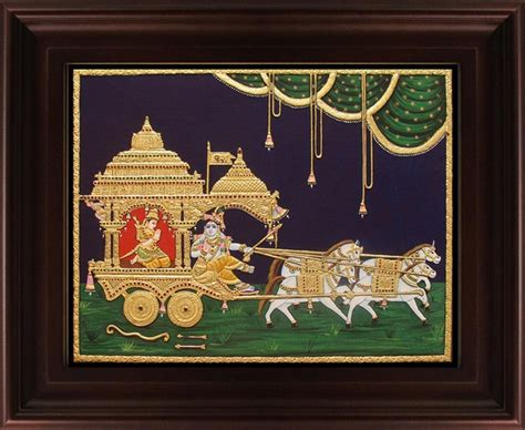"Chariot Krishna With Arjuna Tanjore": Green Tanjore Traditional_Art by ...