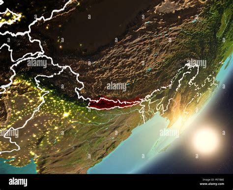 Nepal from space with highly detailed surface textures and visible country borders. 3D ... - borders of nepal