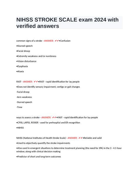 NIHSS STROKE SCALE exam 2024 with verified answers | Exams Nursing ...
