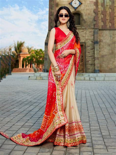 Buy Red Georgette Embellished Saree With Blouse Piece _krgr55 Bandhani ...